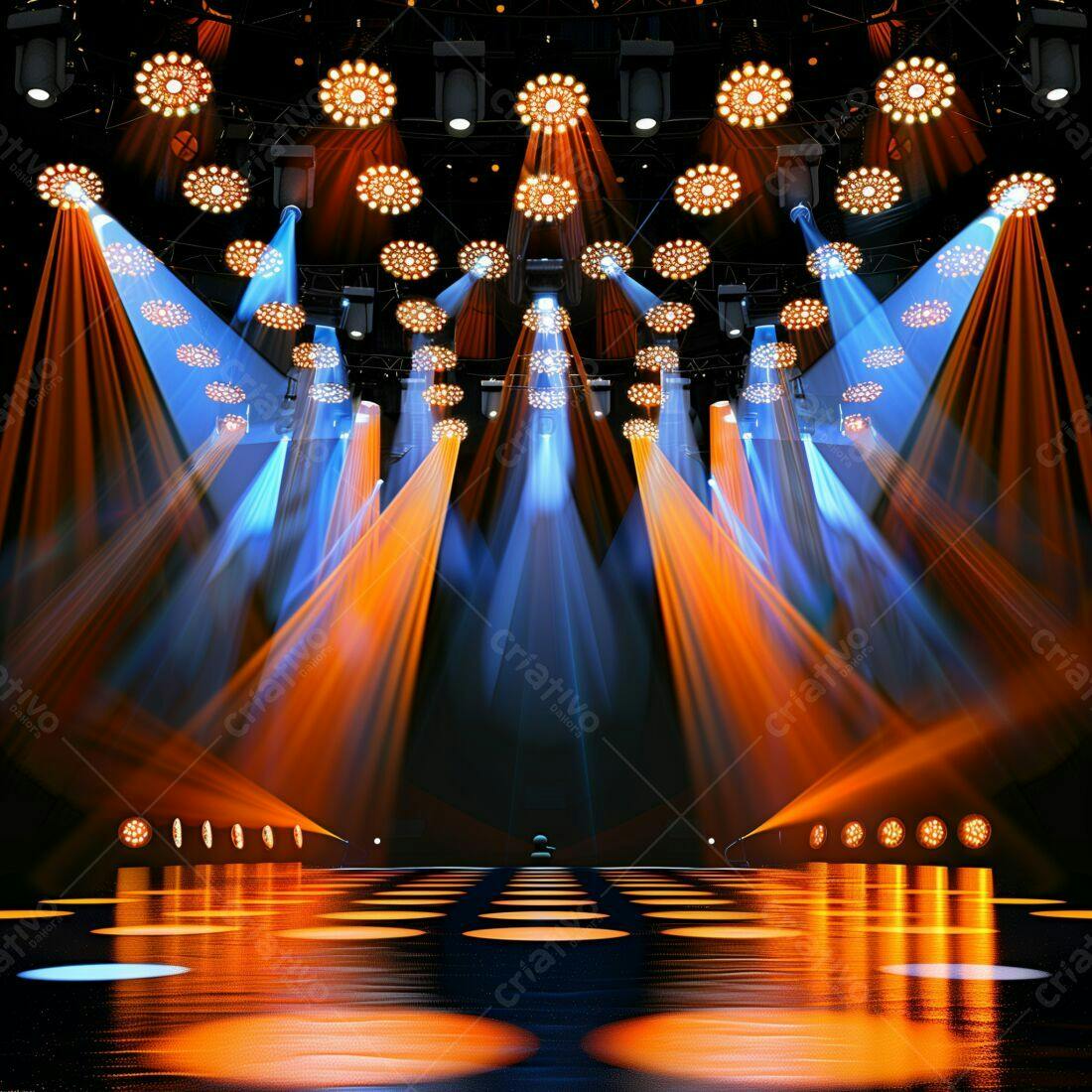 Palco iluminado com luzes laranja e azuis