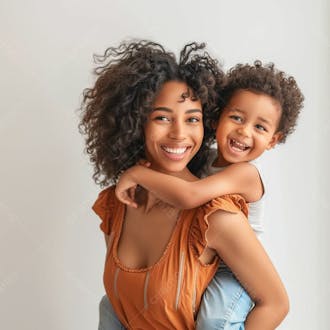 Uma mãe com o seu filho abraçado, felizes e sorrindo