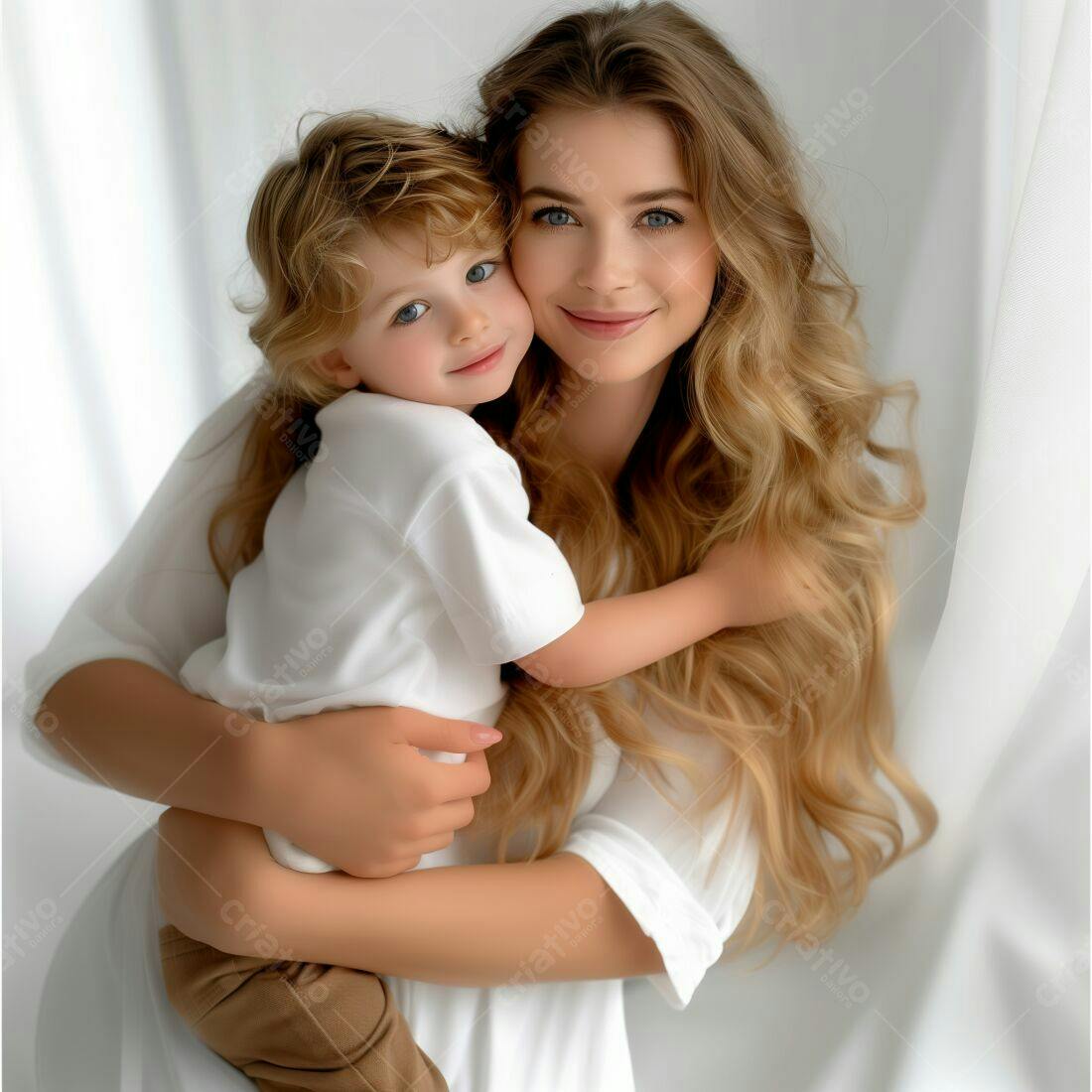 Mãe e filho abraçados fundo branco