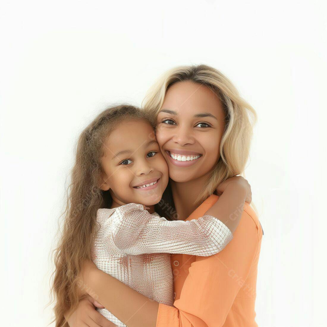 Mãe e filha abraçadas fundo branco