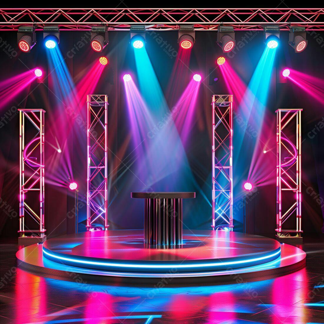 Palco iluminado com mesa central
