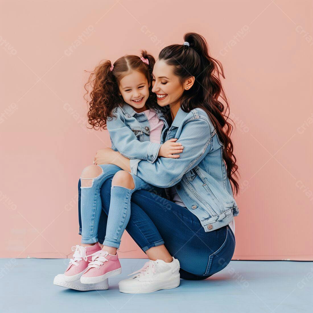 Mãe e filha abraçadas em fundo rosa