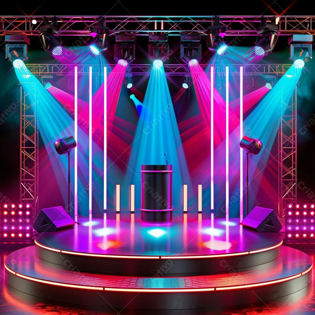 Palco iluminado com luzes neon rosa e azul