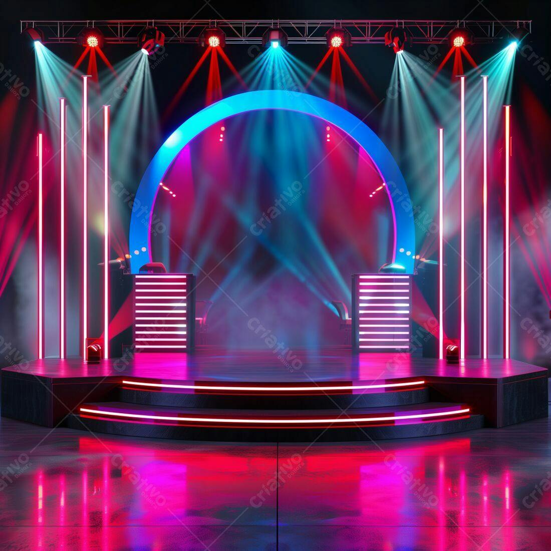 Palco de games com iluminação neon rosa e azul