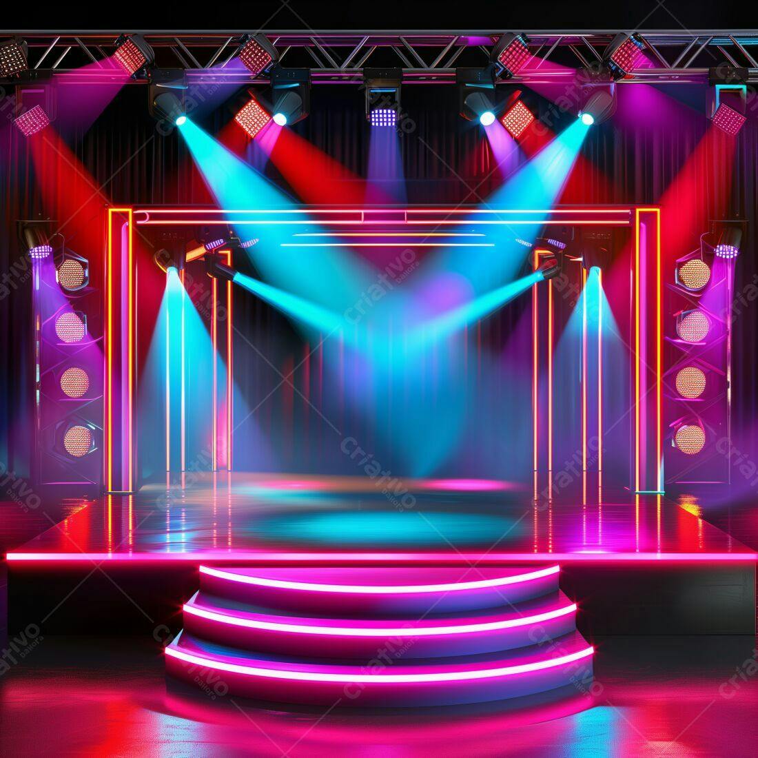 Palco com iluminação neon rosa e azul