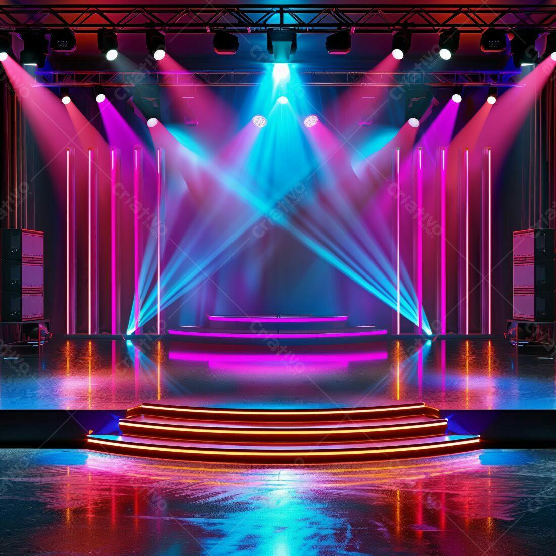 Palco com iluminação neon rosa e azul