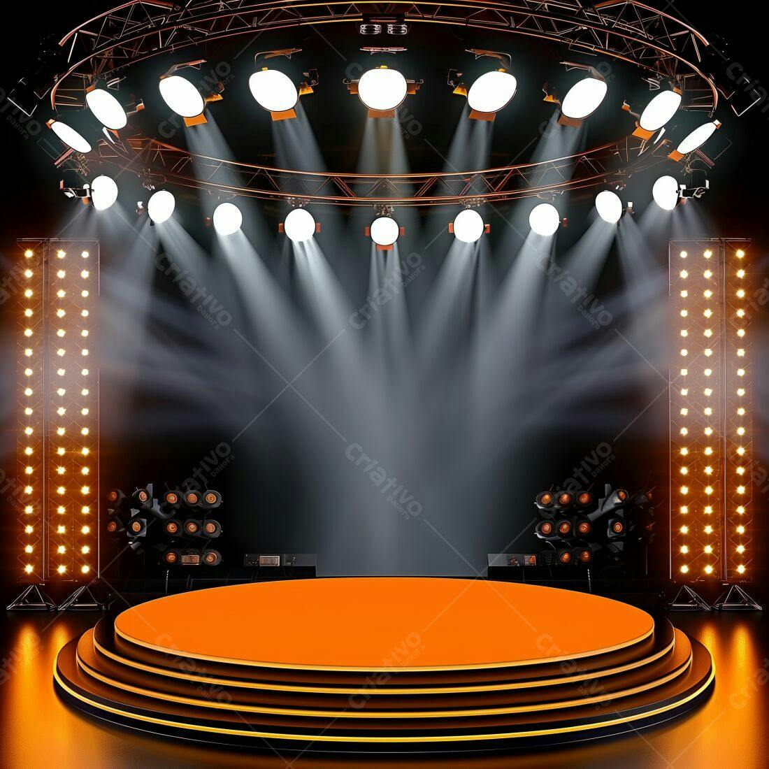 Palco iluminado para show com luzes laranja e pretas