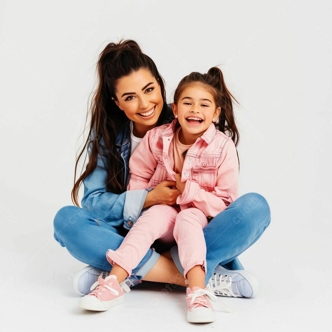 Mãe e filha sorrindo juntas em estúdio
