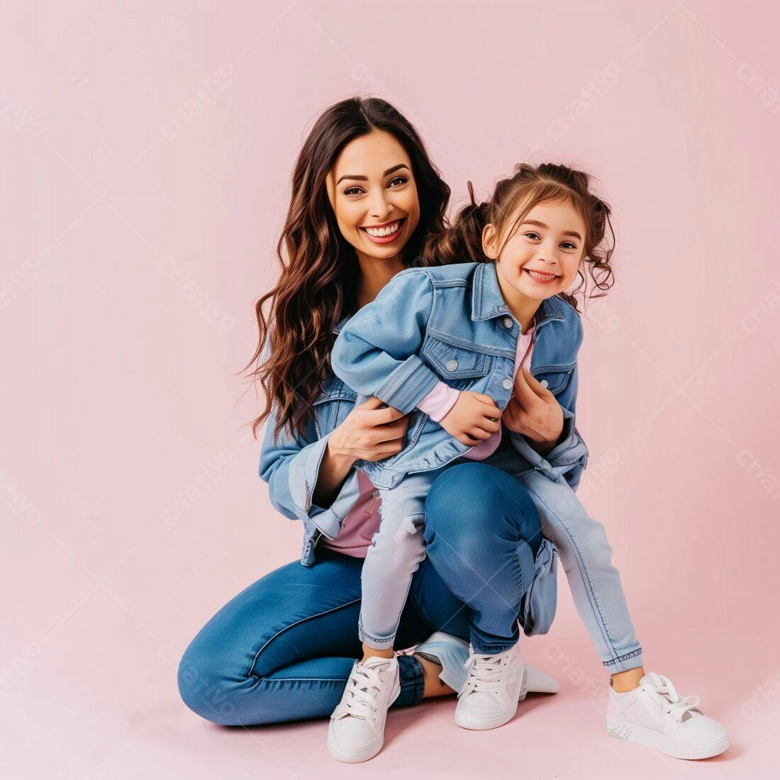 Mãe e filha sorrindo em jeans