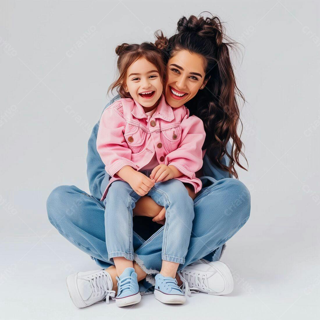 Mãe e filha sorrindo em jeans