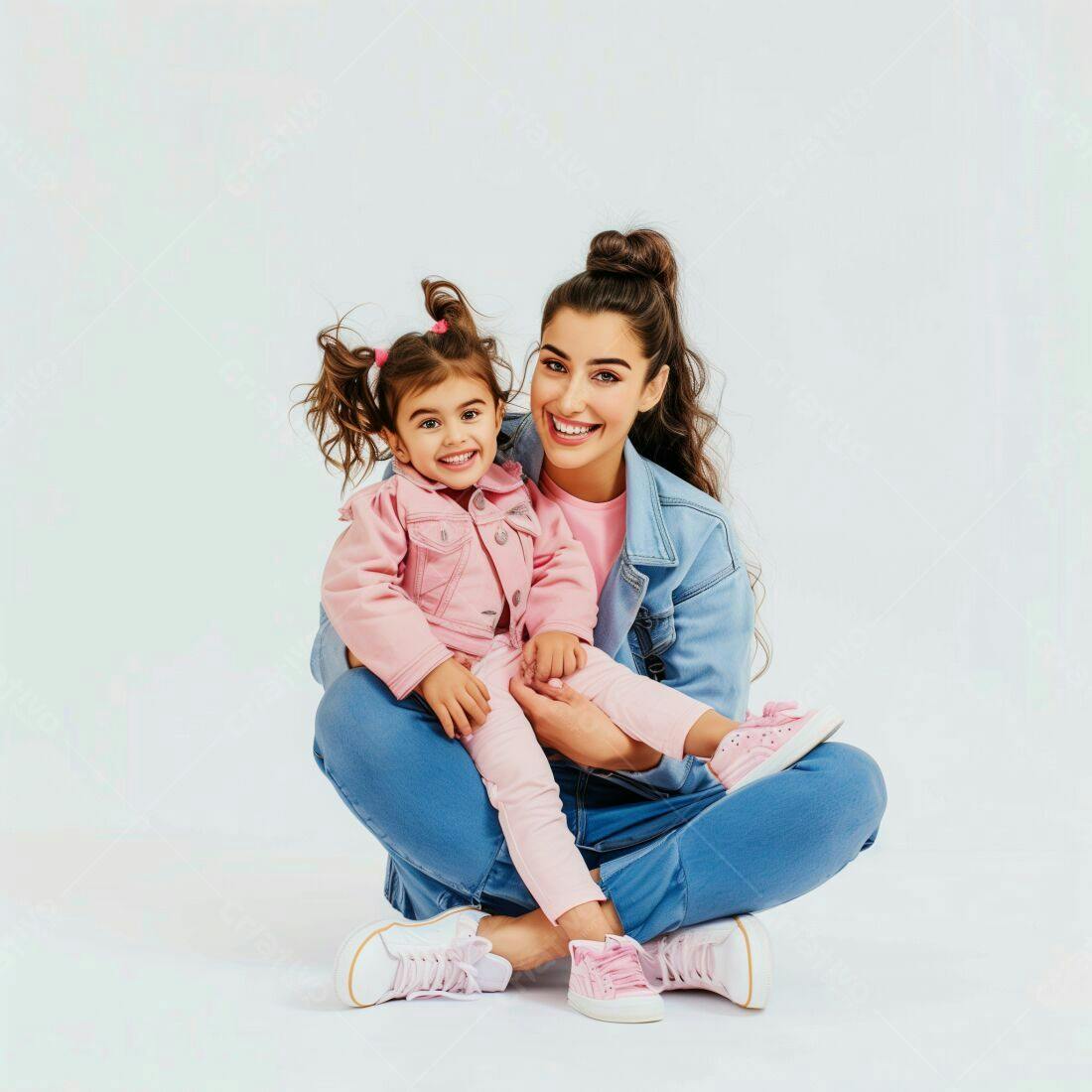 Mãe e filha sorrindo em estúdio fundo branco