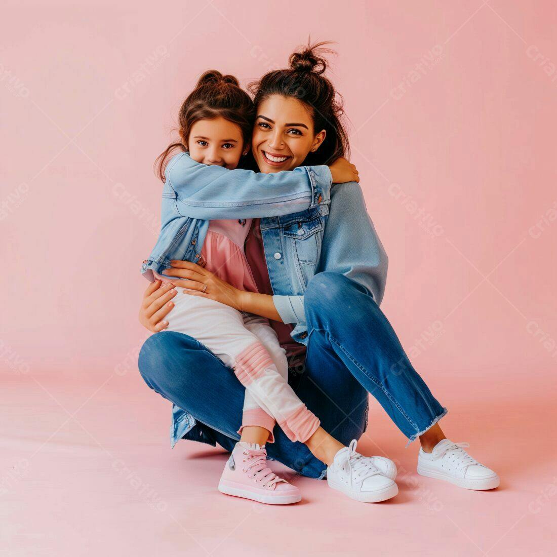 Mãe e filha abraçadas fundo rosa