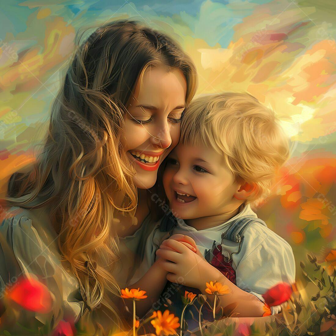 Mãe e filho sorrindo em campo florido