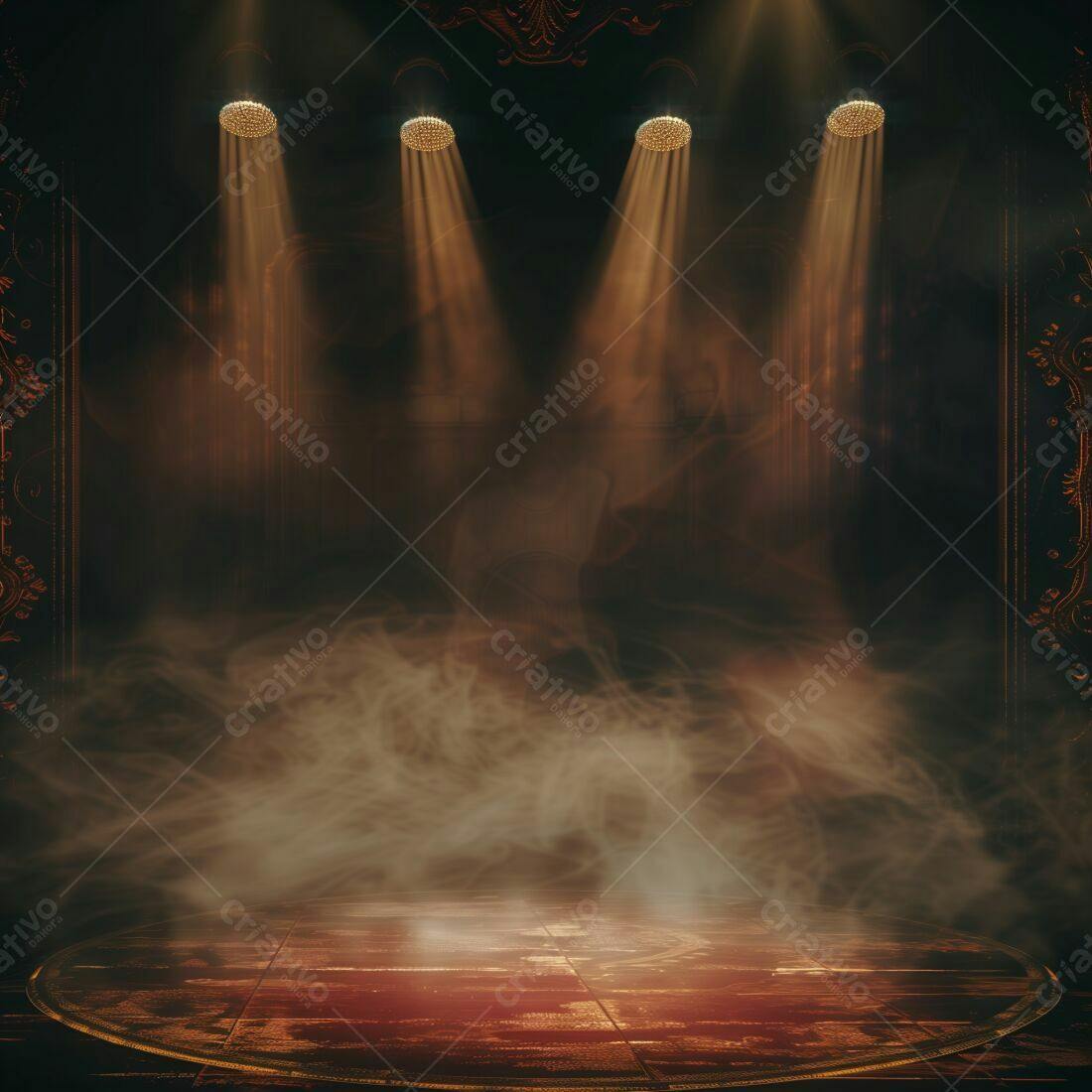 Palco misterioso com fumaça e holofotes