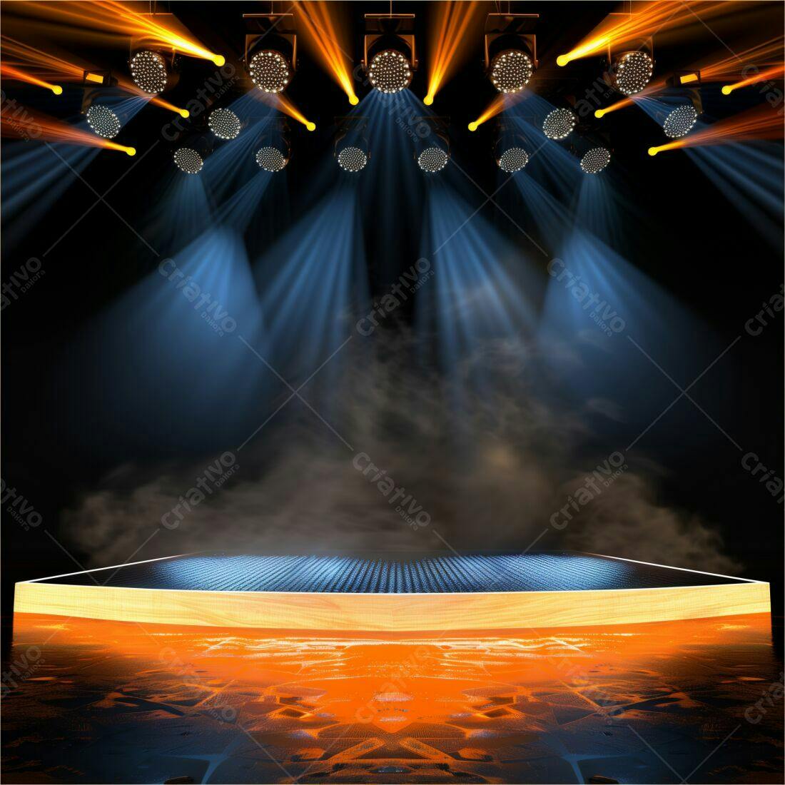 Palco iluminado com luzes azuis e laranjas