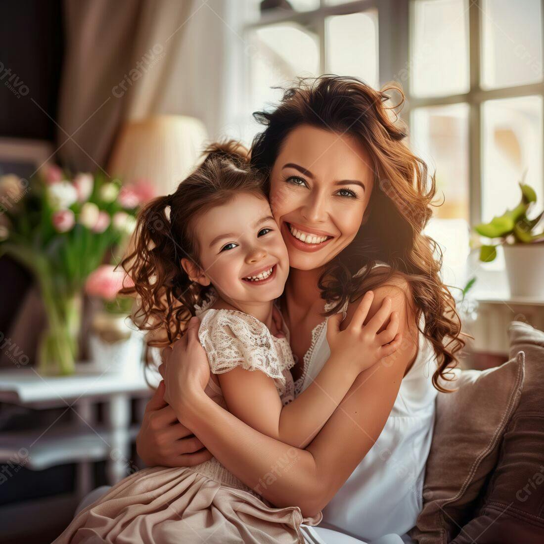 Mãe e filha sorrindo abraçadas em casa