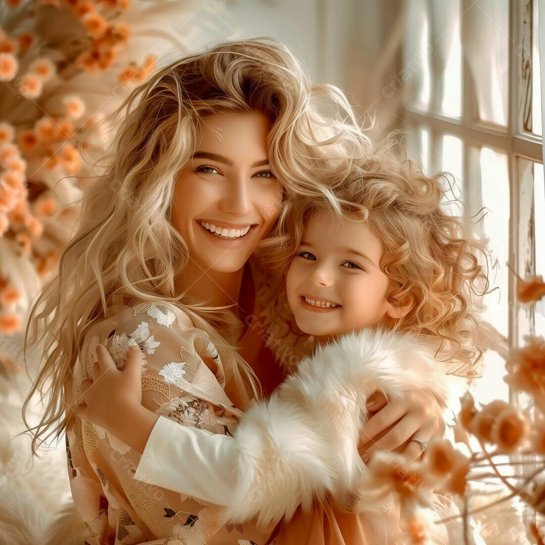 Mãe e filha sorrindo abraçadas em cenário claro
