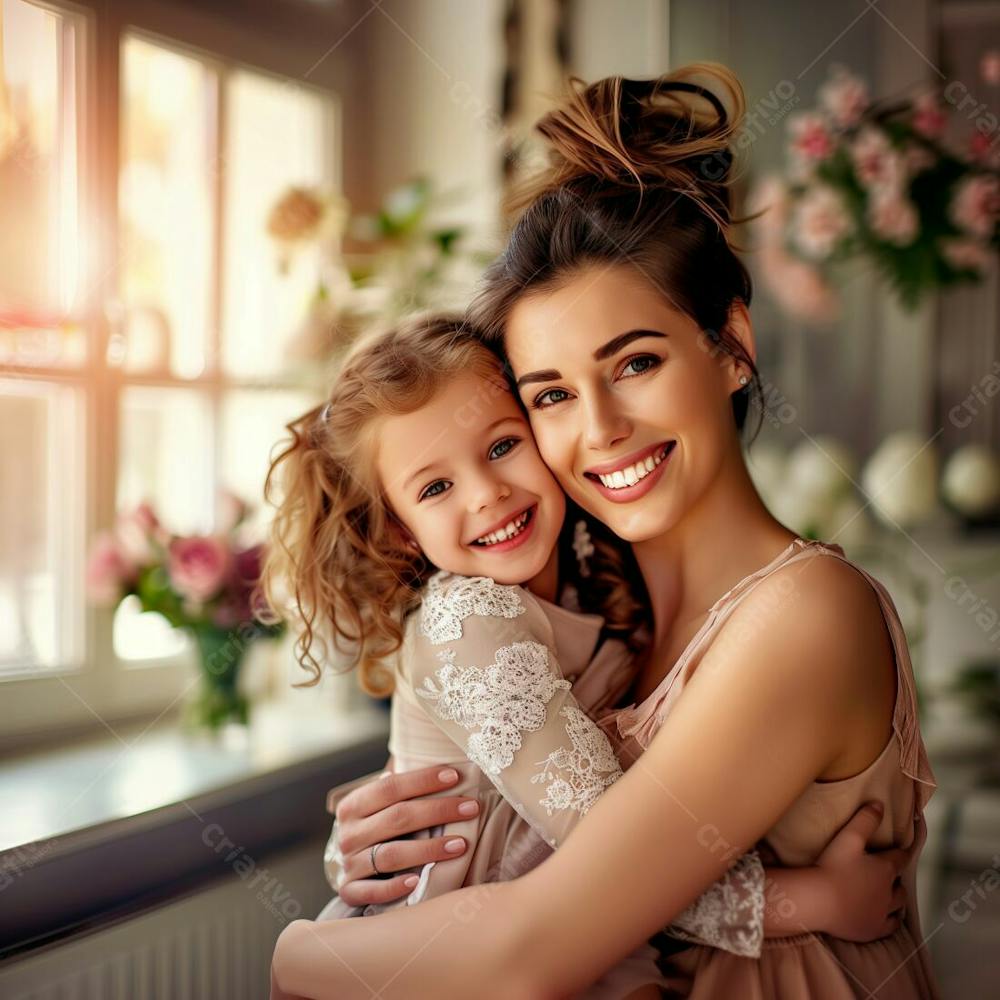 Uma Mãe Com A Sua Filha Abraçada, Com Flores Ao Fundo