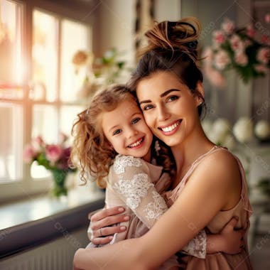 Uma mãe com a sua filha abraçada, com flores ao fundo