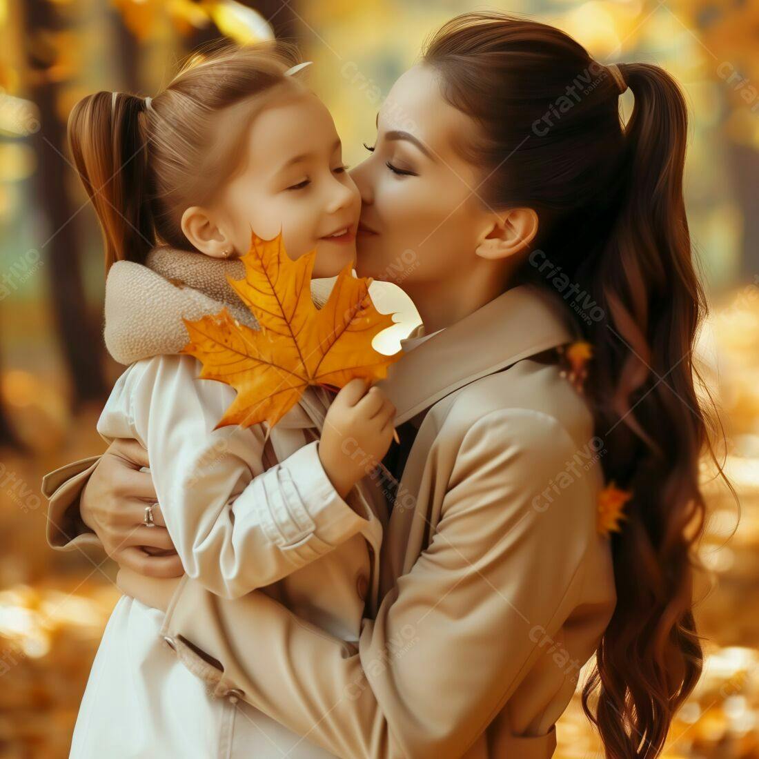 Mãe e filha abraçadas no outono