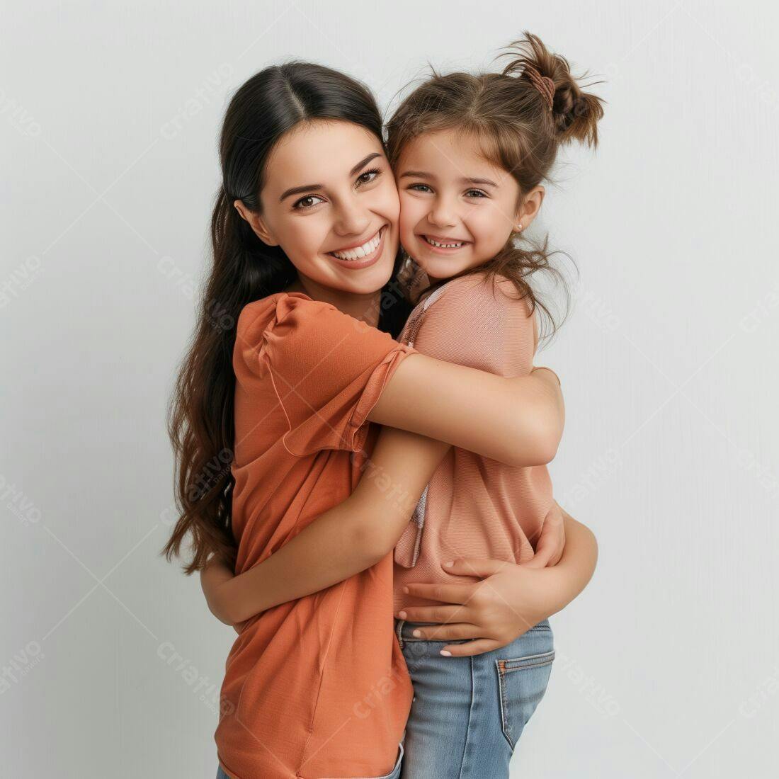 Mãe e filha abraçadas sorrindo fundo branco