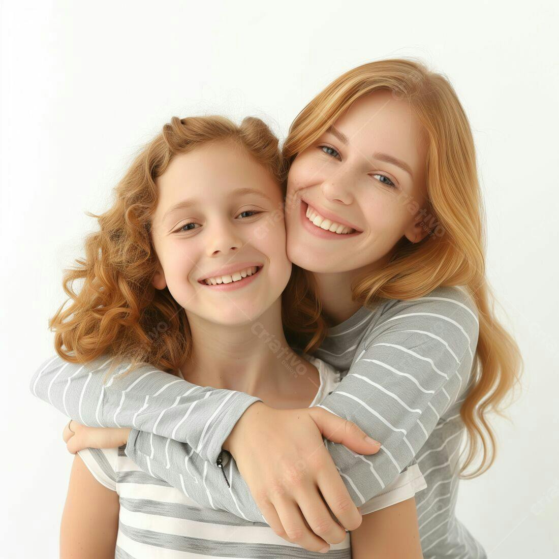 Mãe e filha abraçadas sorrindo fundo branco