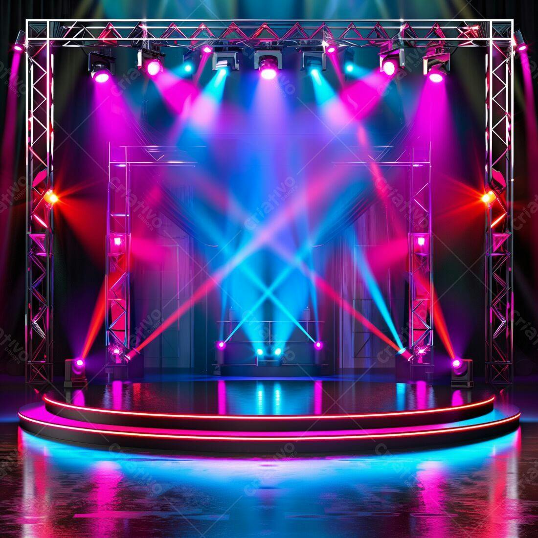 Palco iluminado com luzes rosa e azul