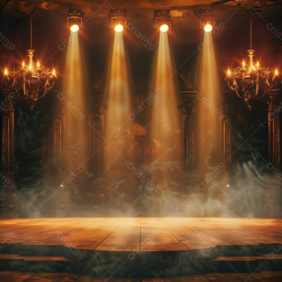 Palco de madeira em teatro antigo com iluminação dramática