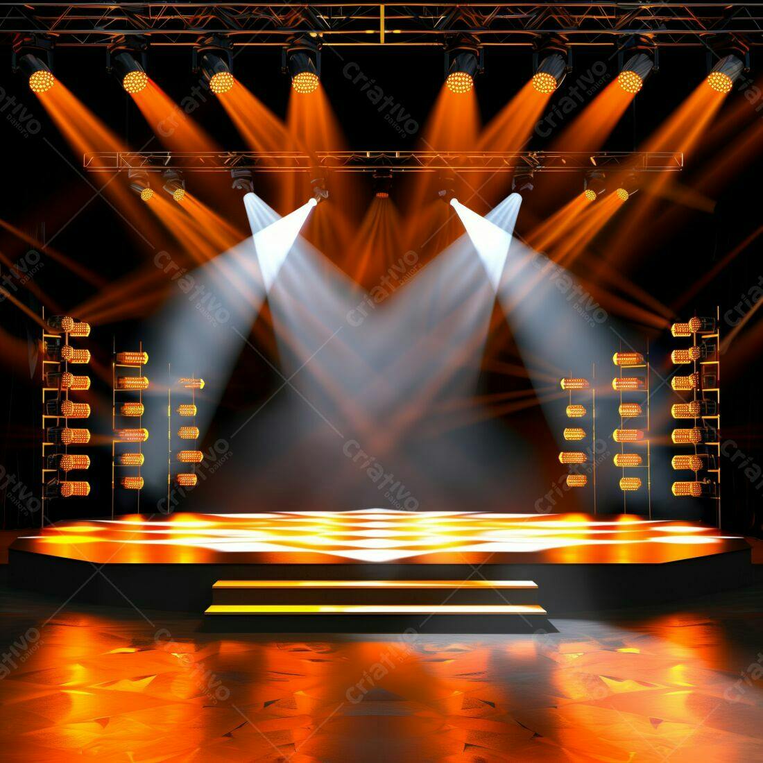 Palco iluminado com luzes laranja e brancas