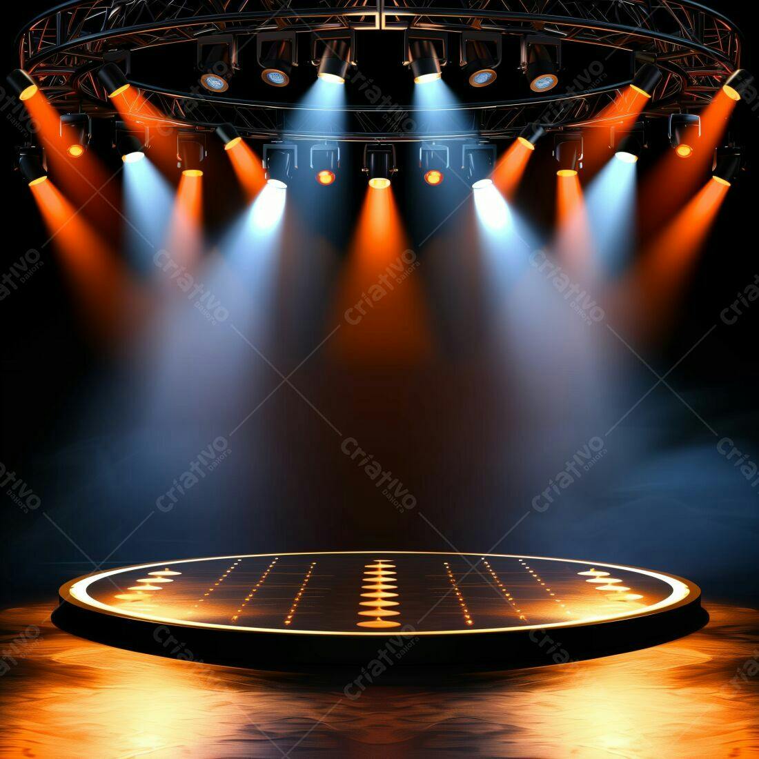 Palco iluminado com luzes laranja e azuis
