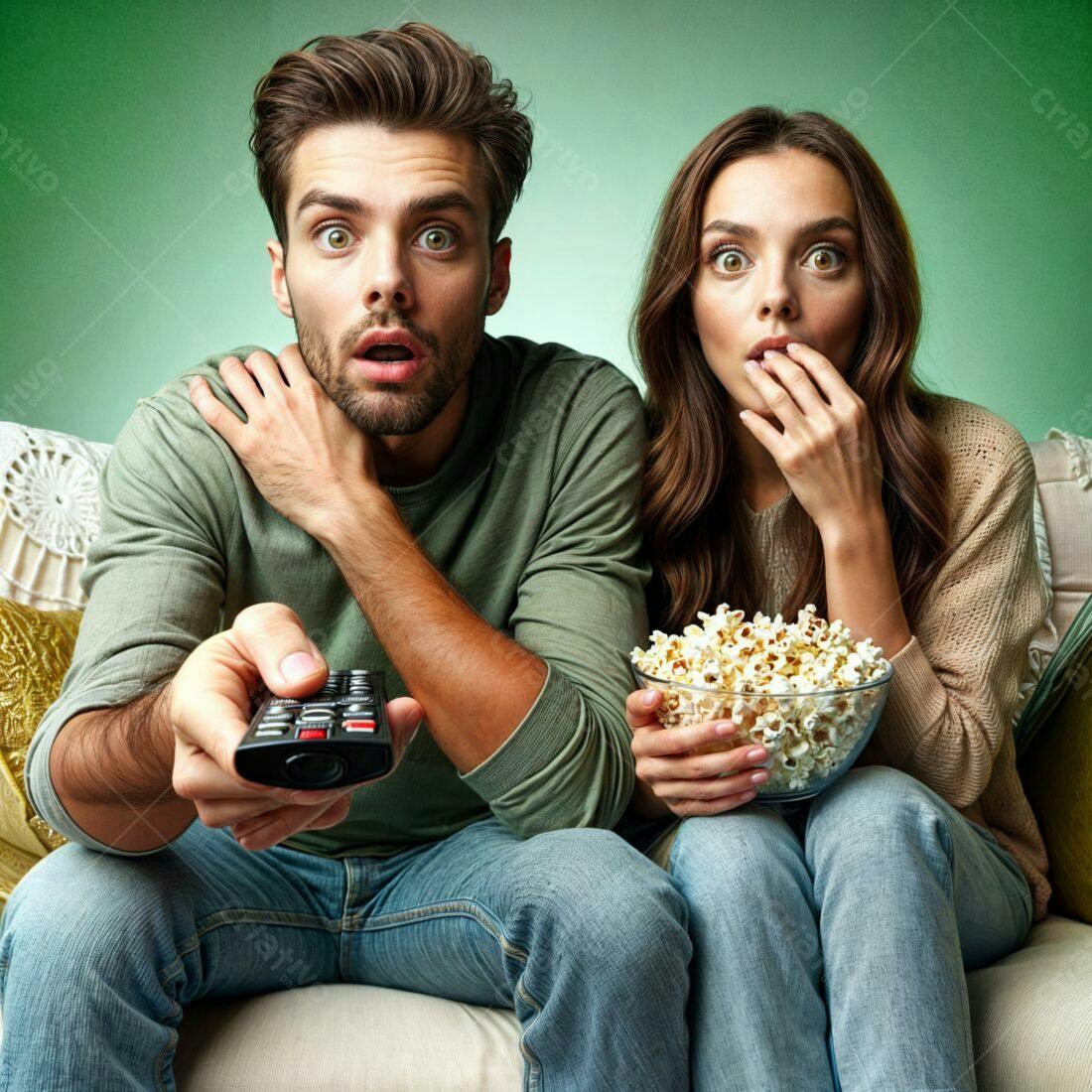 Casal assistindo TV com pipoca assustado