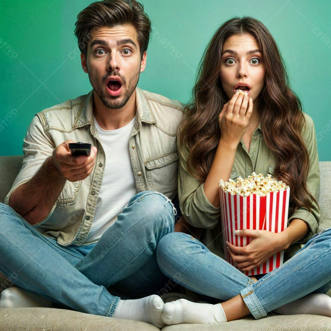 Casal assistindo TV com pipoca surpreso
