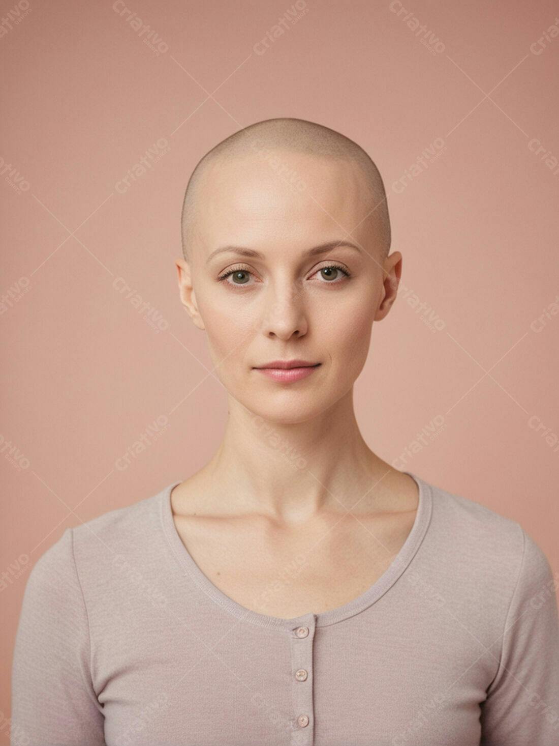 Mulher careca com olhar sereno fundo rosa