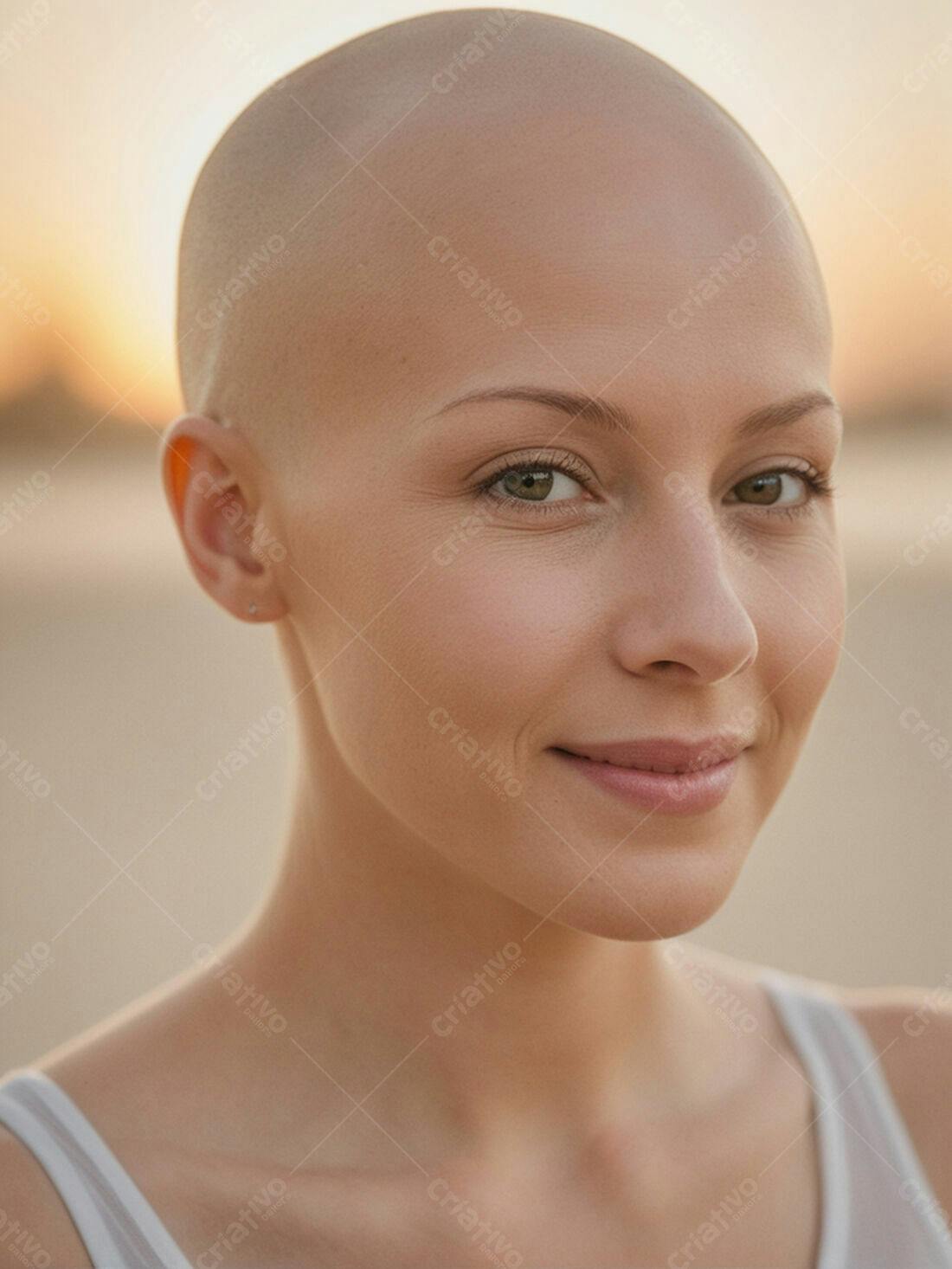 Mulher careca sorrindo ao pôr do sol