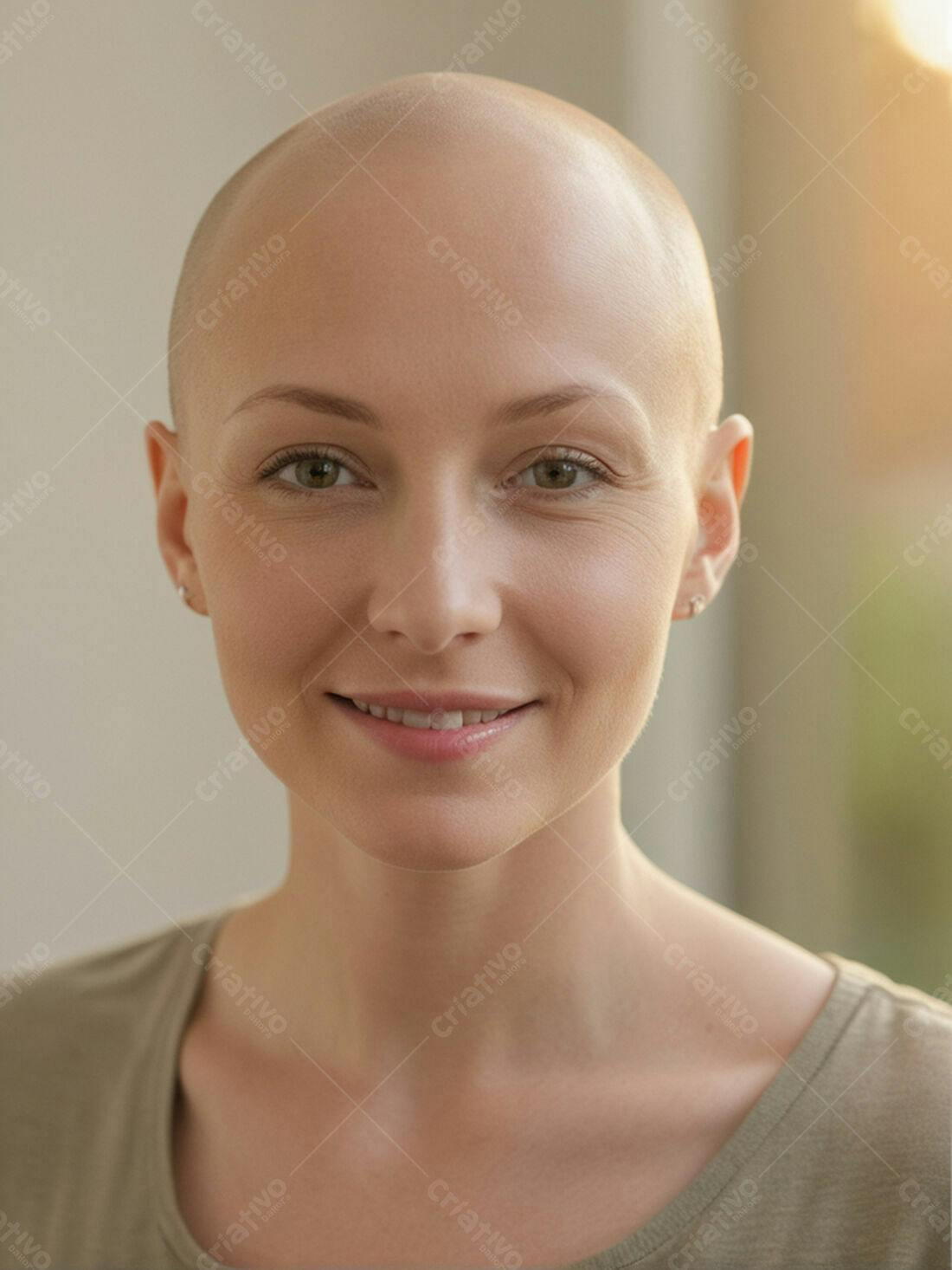 Mulher careca sorrindo retrato estúdio