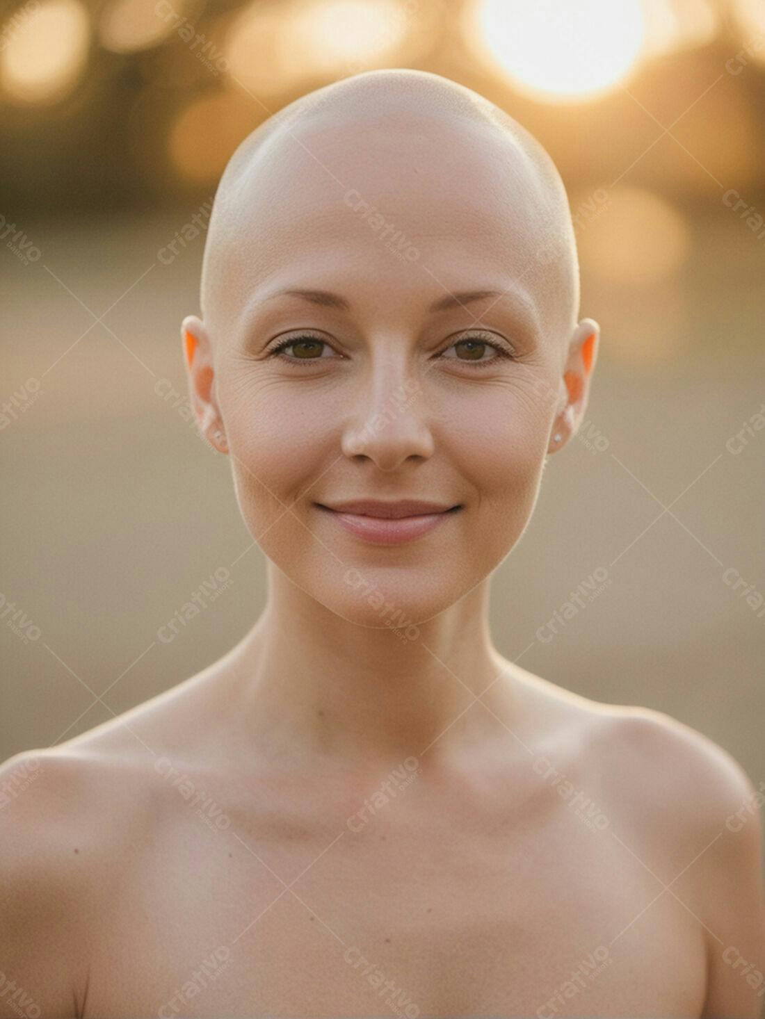 Mulher careca sorrindo ao entardecer