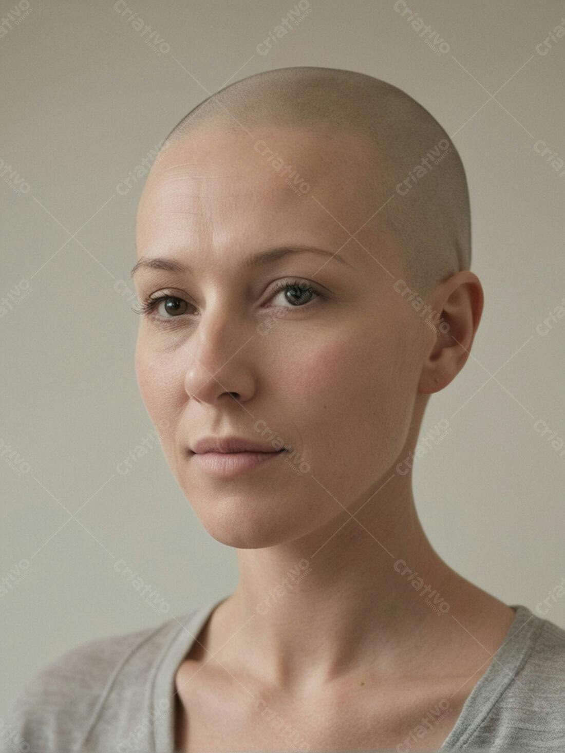 Mulher careca com olhar sereno