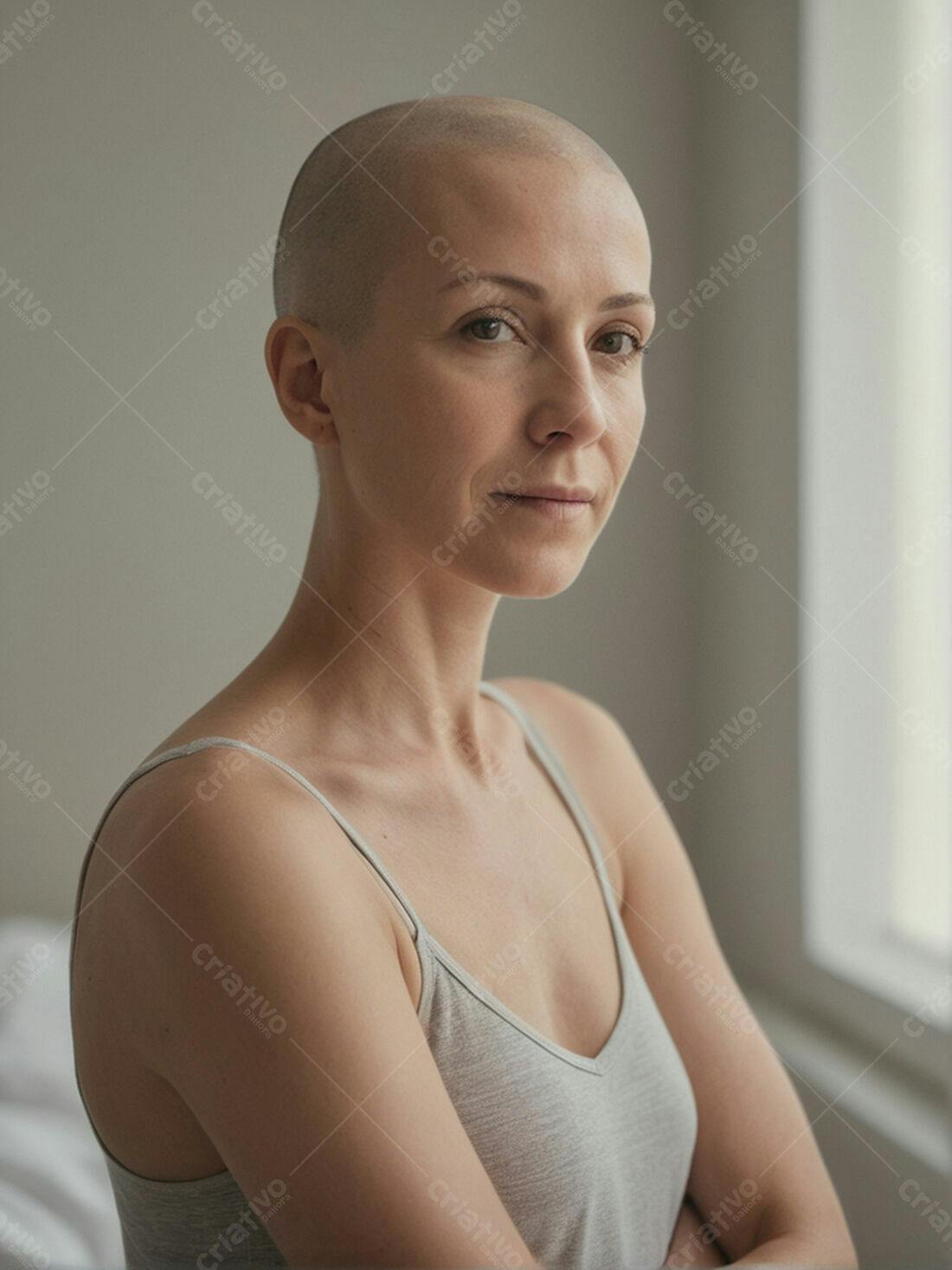 Mulher careca sorrindo perto de janela
