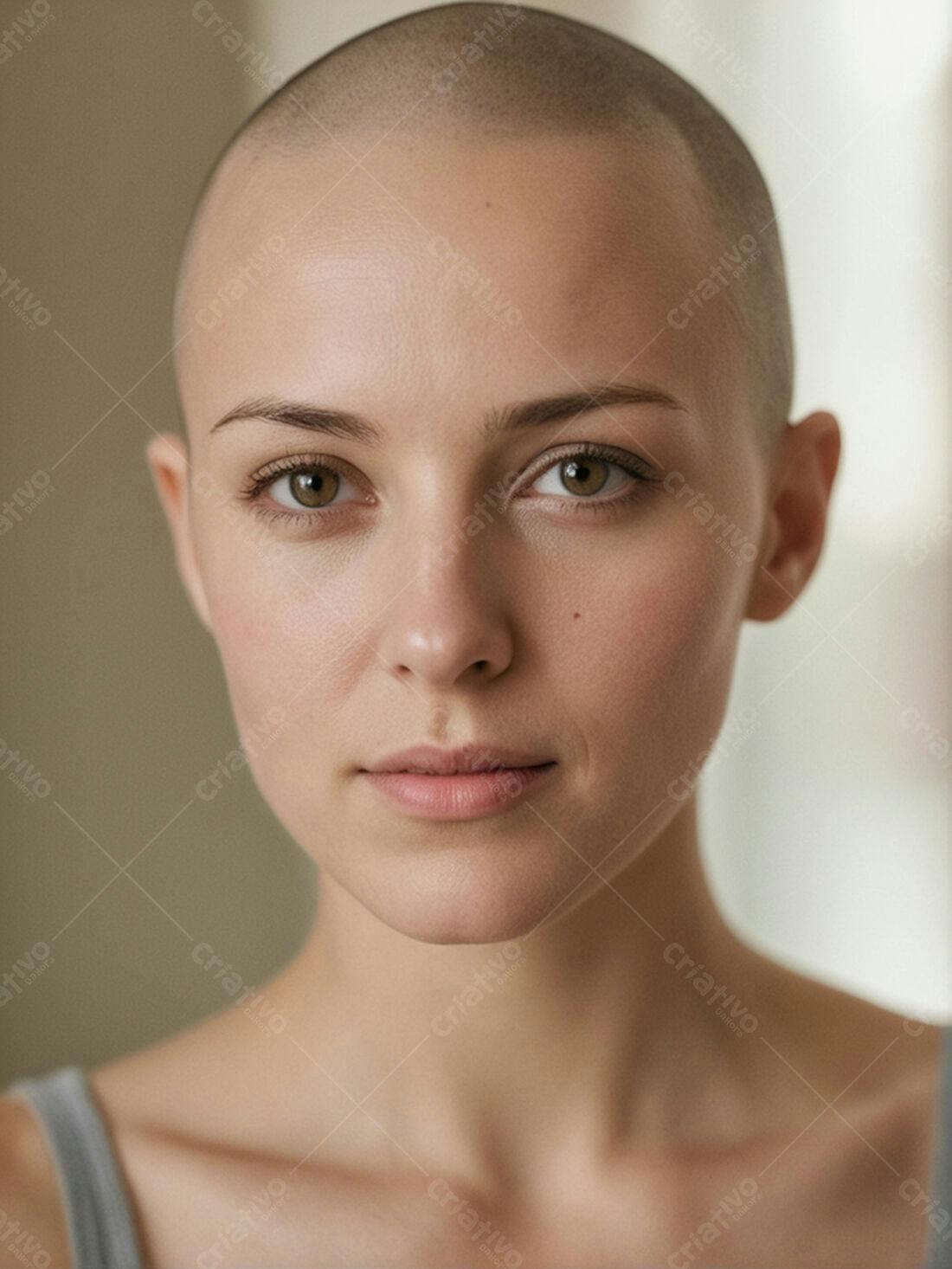 Mulher careca rosto neutro fundo claro