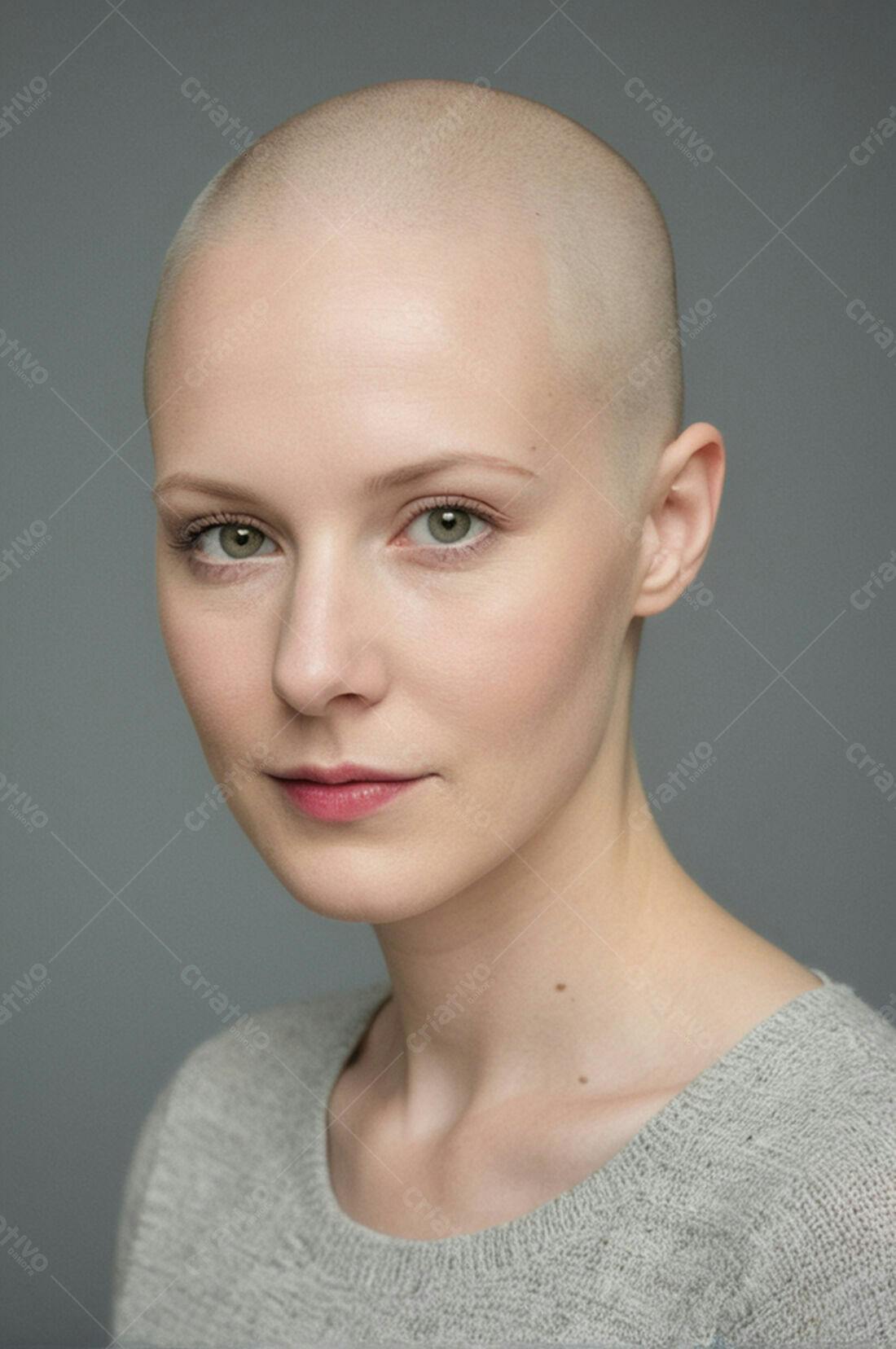 Mulher careca com olhar sereno