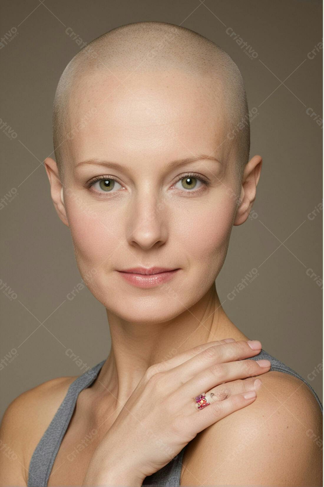 Mulher careca com anel colorido