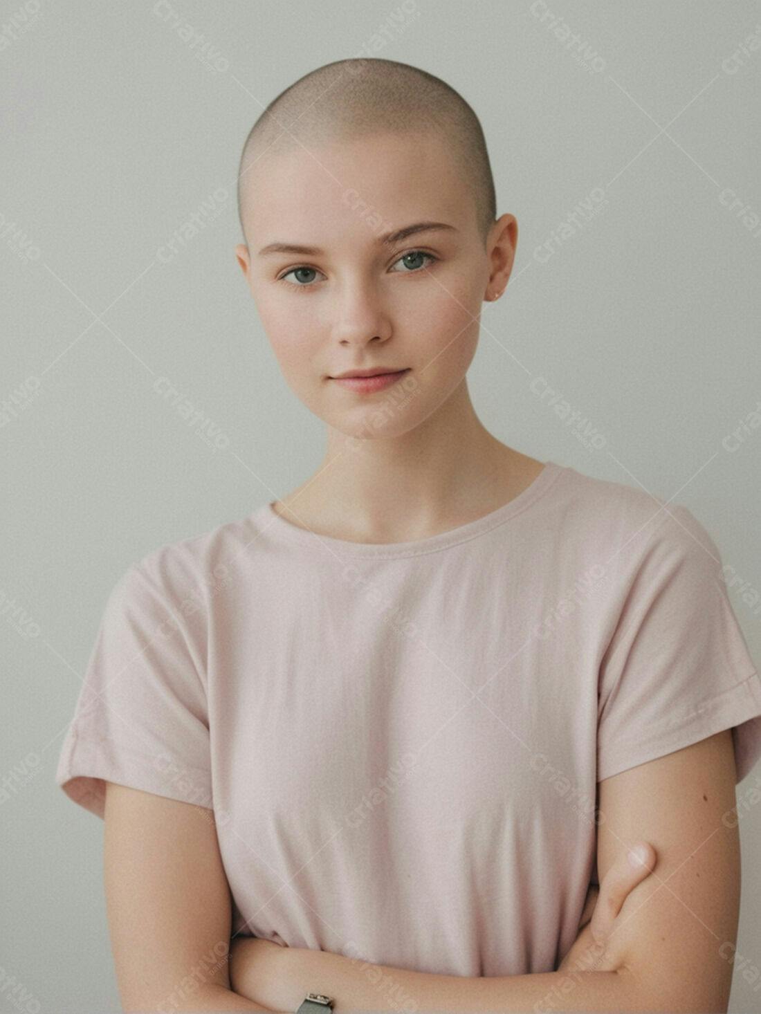 Mulher jovem careca usando camiseta rosa