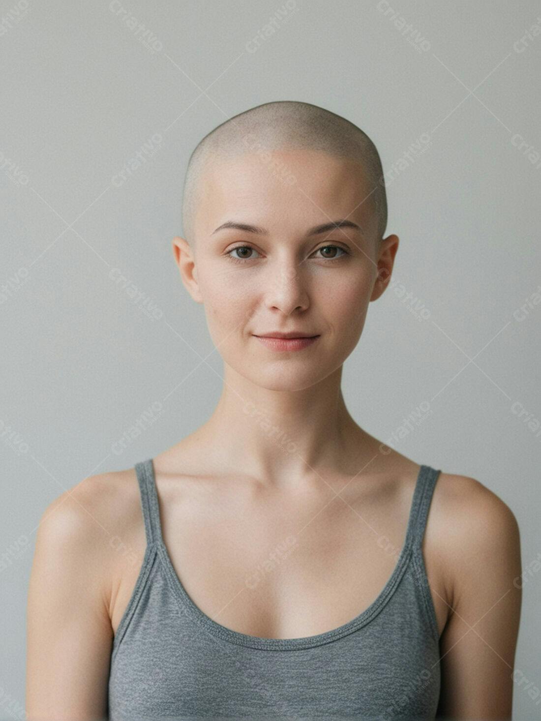 Mulher careca sorrindo retrato estúdio