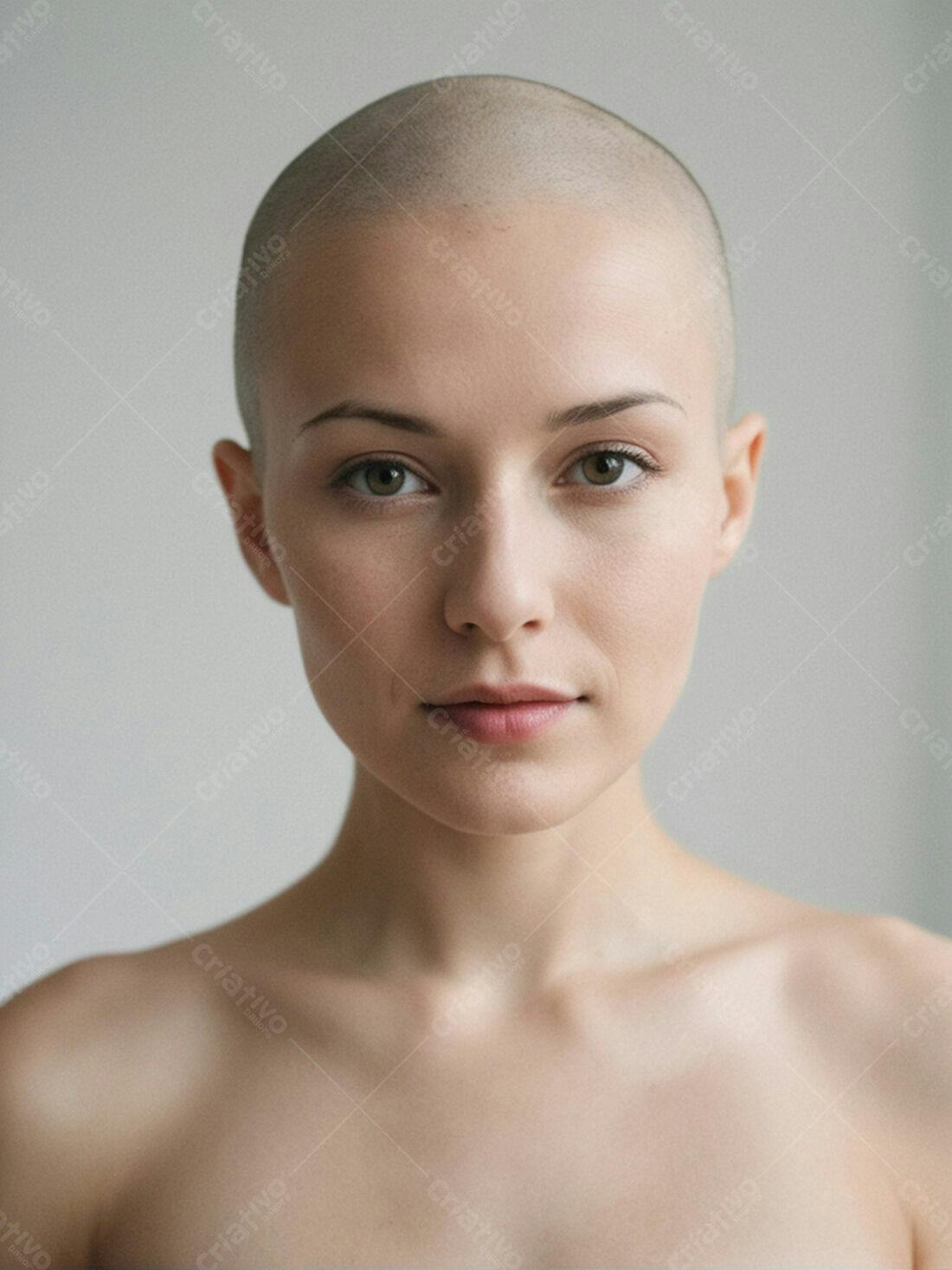 Mulher careca olhar direto câmera fundo neutro