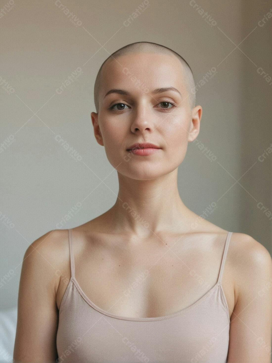 Mulher careca em camiseta bege