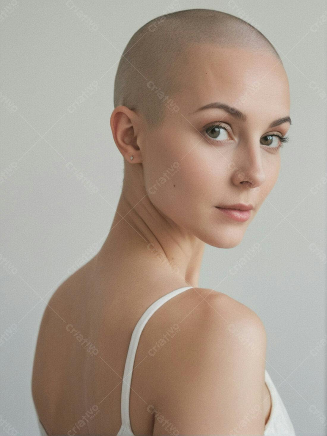 Mulher careca em fundo neutro sorrindo