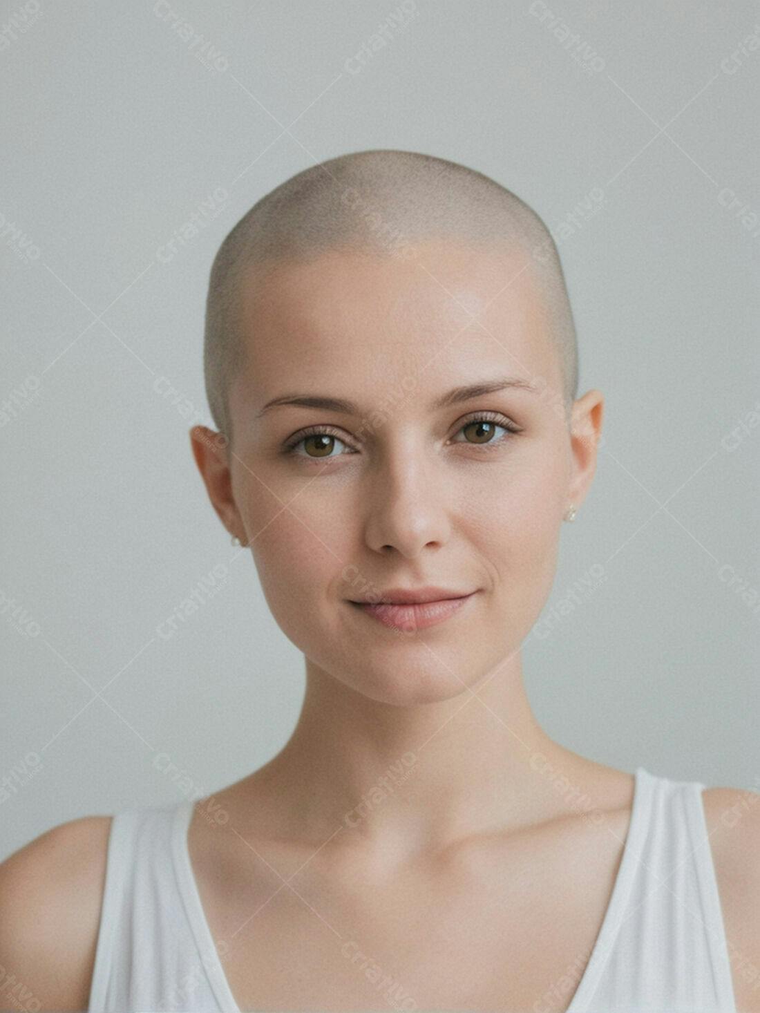 Mulher careca sorrindo fundo neutro