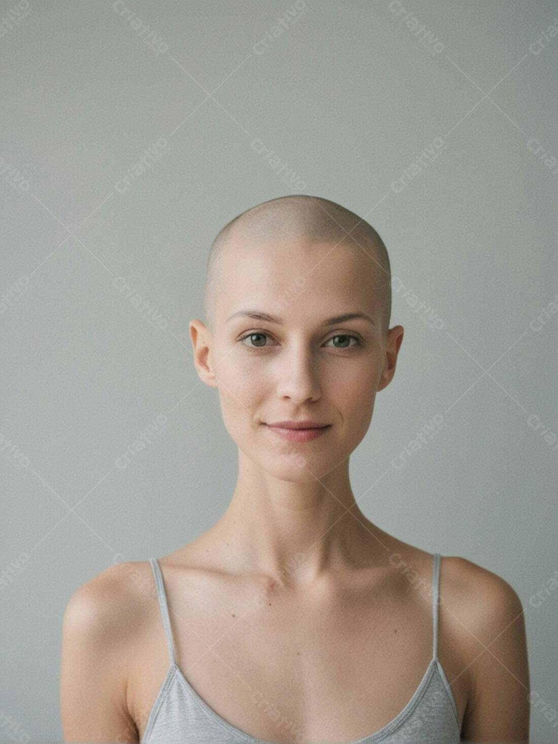 Mulher careca sorrindo fundo cinza