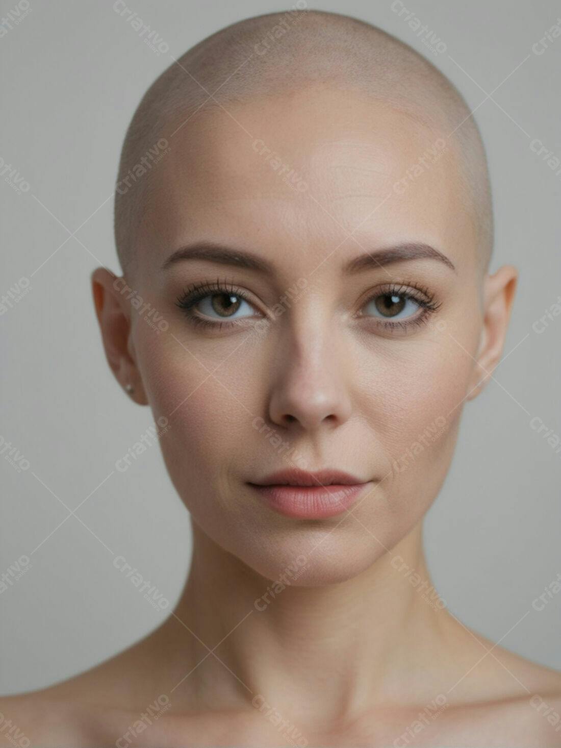 Mulher careca com olhar confiante