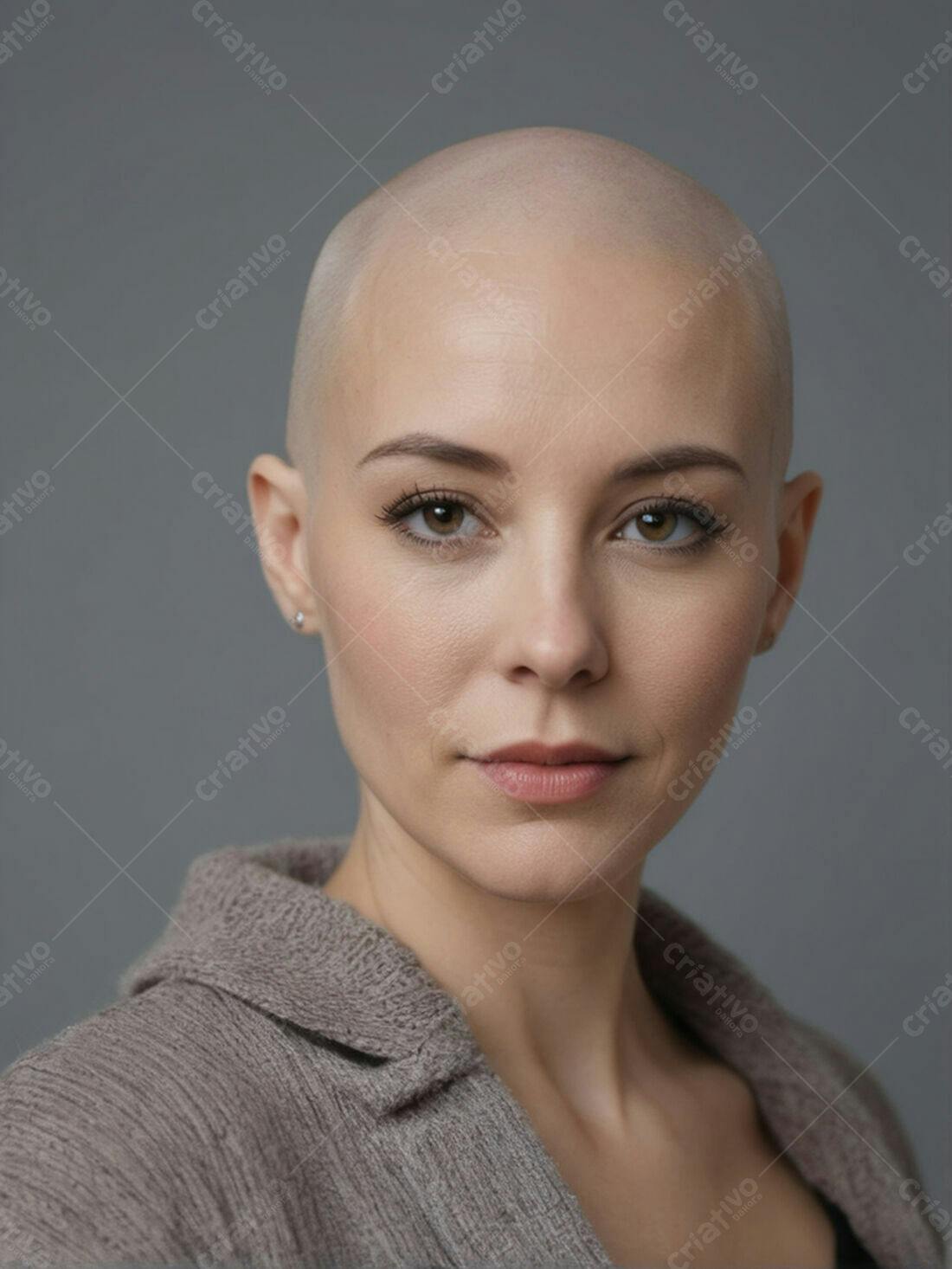 Mulher careca com olhar confiante